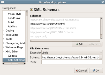 Options dialog to configure schemas.